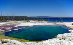 abyss pool, thermal, pool, nature, landscape, water, yellowstone, hot, outdoor, limestone, wyoming, geological, scenic, mountains, blue, sky