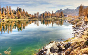 осень, деревья, лес, бергзее, доломиты, пейзаж, альпийский, природа, озеро, италия, горы, панорама, горный пейзаж
