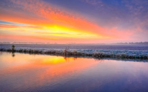 field, cold, sunrise, yellow, orange, blue, freeze, landscape, netherlands, morning, river, canal, water, reflection