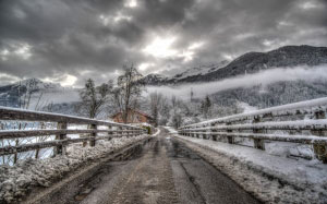 bridge, hdr, river, landscape, scenic, clouds, road, winter, mountain, snow, sky, house, nature, forest