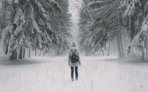 winter, girl, man, forest, wood, trees, snow, back