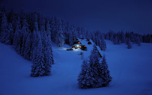 коттедж, дом, ночь, зима, горы, лес, снег, темно-синий