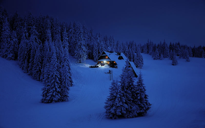 cottage, home, house, night, winter, mountains, forest, snow, wood, navy blue, dark blue