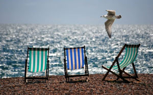 deckchairs, sea, ocean, beach, seaside, seagull, summer, resort, relax, sky