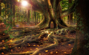 магия, сказочный, домик в дереве, лес, композиция, фэнтези, пейзаж, природа, деревья