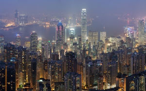 панорамный, вид, Гонконг, горизонт, пик Виктория, городской пейзаж, ночь, огни, небоскребы