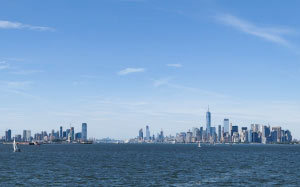 manhattan, skyline, architecture, buildings, city, new york city, usa, ocean, sky, water