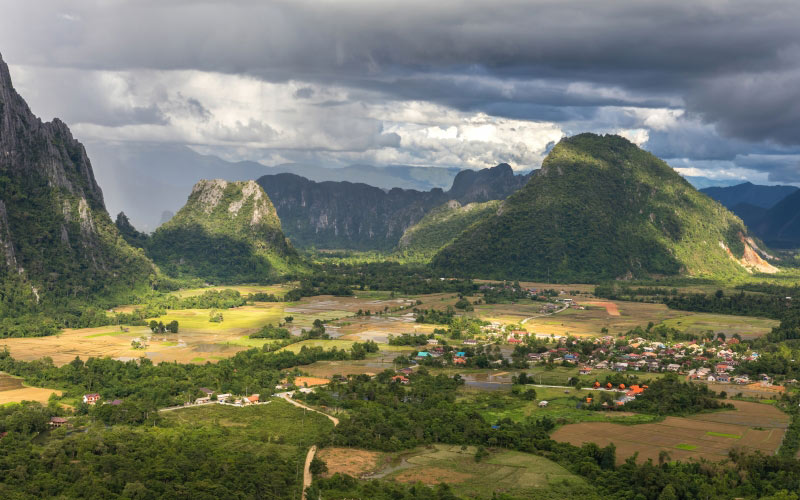 karst peaks, green, paddy fields, stormy sky, view, mount nam xay, monsoon, vang vieng, vientiane province, laos, landscape, nature
