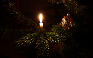 свеча, ветки, новогодняя елка, свет, ночь, праздник, новогодние украшения, ель, новогодние огни, рождество, новый год