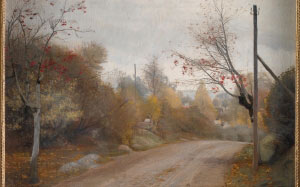 laurits andersen ring, road, village, path, painting, landscape, oil, canvas, the road at mogenstrup, zealand, autumn