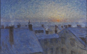 sunrise, rooftops, stockholm, city, eugene jansson, painting, art, cityscape, oil, canvas