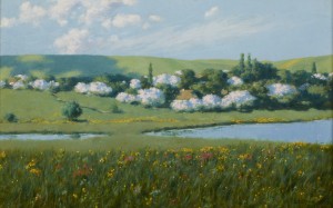 spring, landscape, pond, nature, painting, art