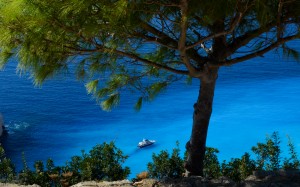 cliffs, rocks, greece, mediterranean, shore, coast, water, tree, boat, vacation, relax, summer, sea, ocean