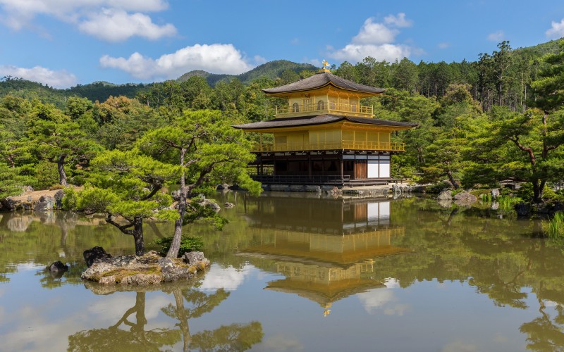 озеро, вода, отражение, храм кинкаку-дзи, киото, япония, архитектура, природа, пейзаж