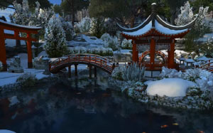 японский сад, япония, сад, снег, зима, пруд, гора фудзи