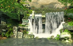 maya, waterfall, jungle, ruins, river, wildlife, summer, nature, landscape