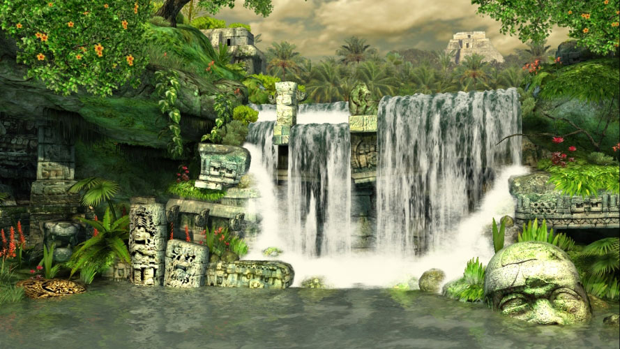 maya, waterfall, jungle, ruins, river, wildlife, summer, nature, landscape