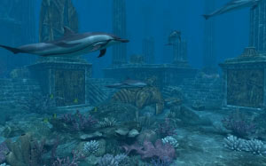 dolphins, atlantis, statues, underwater, fish, sea, ocean, water