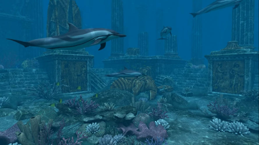 dolphins, atlantis, statues, underwater, fish, sea, ocean, water