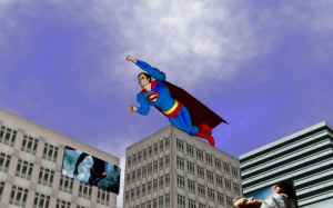 superman, superhero, city, flying, skyscrapers