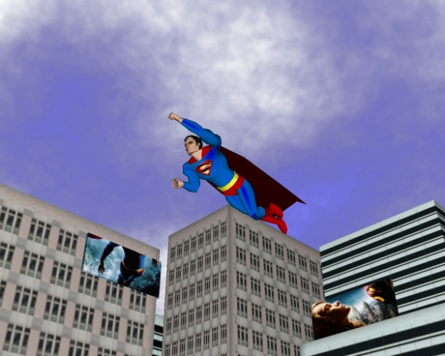 superman, superhero, city, flying, skyscrapers
