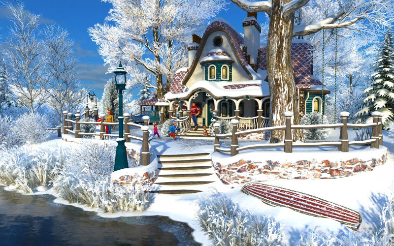 cozy, cottage, winter, family, snow