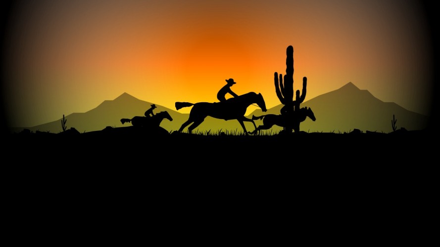 cowboys, wild west, usa, animation, horses, cacti, wind, sunset