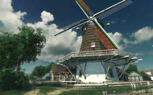 деревня, река, ветряная мельница, природа, лето, голландский
