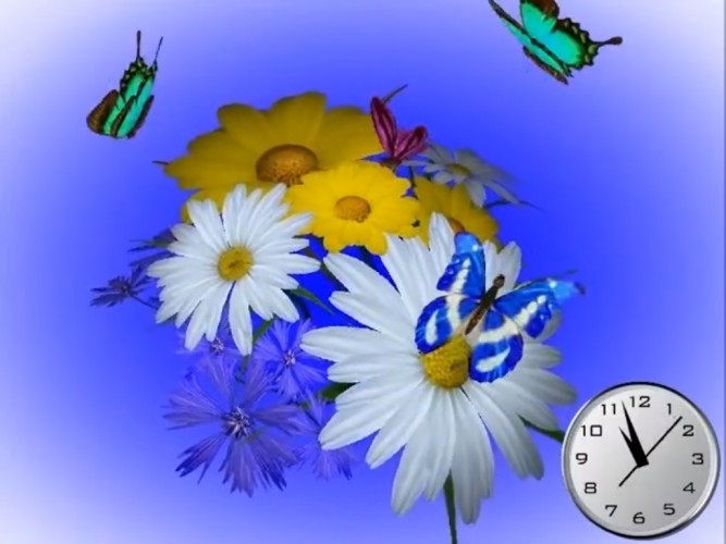 flowers, bouquet, seasons, summer, 3d, nature, butterflies, butterfly, clock, time