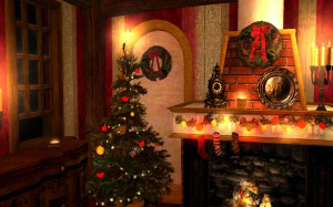 камин, рождество, новый год, елка, дом, комната, уют