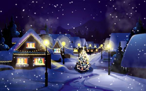 рождество, новый год, елка, деревня, снег, зима, пейзаж, вечер