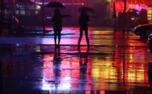 rain, night, colorful, reflection, wet, city, road, asphalt, puddles, street, people, couple, cars