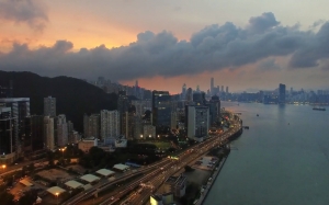 evening, city, nightfall, sky, hong kong, sunset, traffic, harbor, highway, aerial view