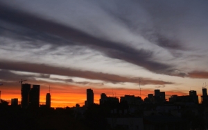 sunrise, sun, city, silhouette, landscape, skyline, cityscape, building, sky, urban, town, clouds, tower, skyscraper