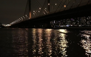 dark, bridge, night, city, lights, water, reflection, ripples, river, skyline, cityscape, urban