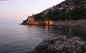 alanya, castle, lights, ocean, ripple, rocks, town, trees, water, waves, sea, evening