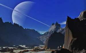 saturn, landscape, mountains, mountainous, gorge, brackish water, pools of water, water puddles, water, hagbard, brecca, ring planet, sky, azure, blue, azur, astronaut, astronautics, space travel, science fiction, forward, settlement, pair, two, karg, lon