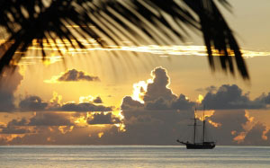 ocean, ship, sailing ship, sunset, water, sky, sun, vacation, beautiful, colorful, seychelles