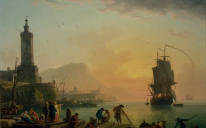 claude vernet, painting, oil on canvas, artistic, nature, outside, sky, clouds, landscape, sea, ocean, water, ships, people, lighthouse, shoreline