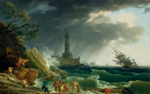 claude vernet, painting, oil on canvas, artistic, nature, outside, sky, clouds, landscape, storm, sea, ocean, water, people, beach, rocks