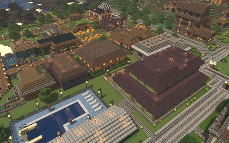 minecraft, render, video game, town, colorful, building