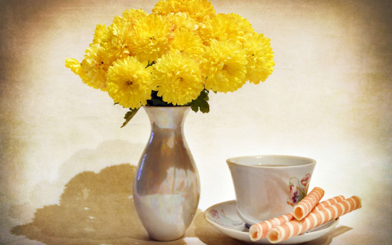 bouquet, vase, still life, chrysanthemum, flowers, cup