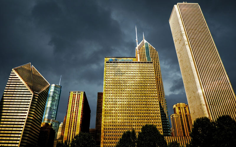 chicago, city, sunrise, storm, skyscraper, architecture, clouds, usa