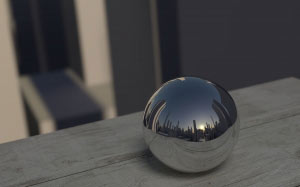 3d, ball, reflection, mirror, shiny, metal, city, computer graphics