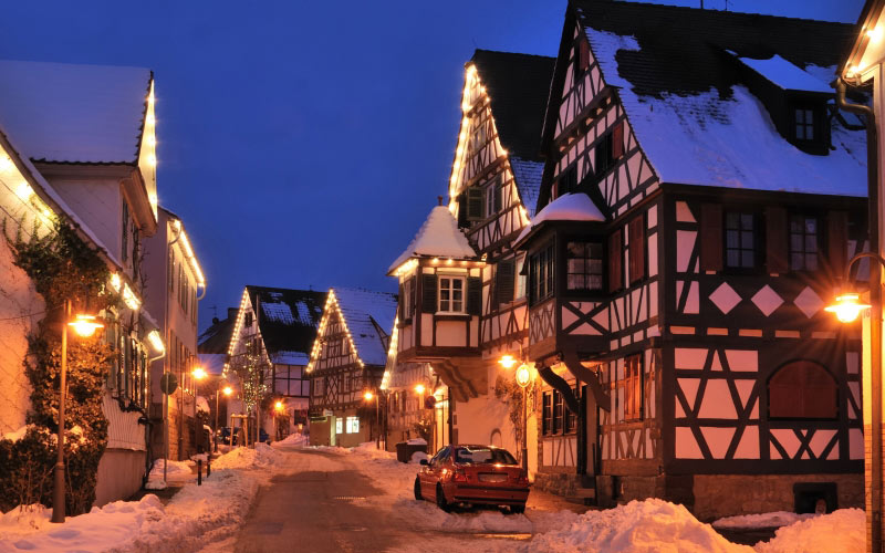 new year, christmas, illumination, town, village, evening, ornaments, snow, street