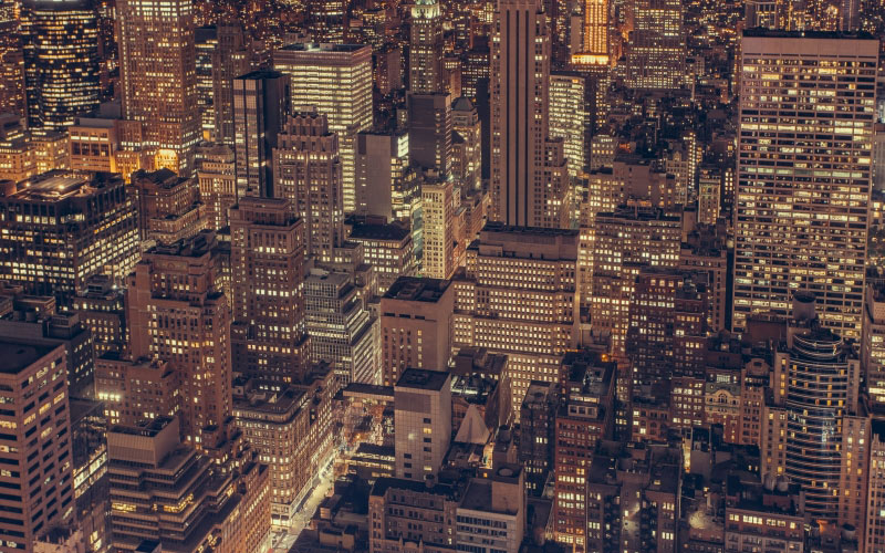 new york, city, buildings, architecture, night, dark, lights, aerial, rooftops, towers, high rises, urban