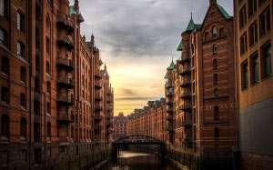 река, здания, закат, восход, облака, архитектура, город, путешествия, вода, мост, Европа, Гамбург