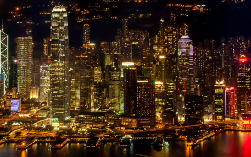 skyscrapers, Victoria Harbour, Hong Kong, city, night, lights