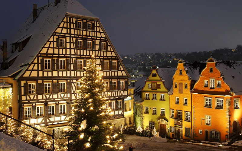 новый год, рождество, ночь, праздники, город, Швебиш-Налль, зима, Баден-Вюртембег, Германия