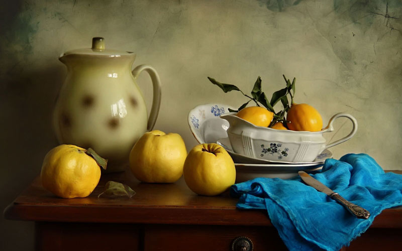 quince, still life, fall, fruits, lemons